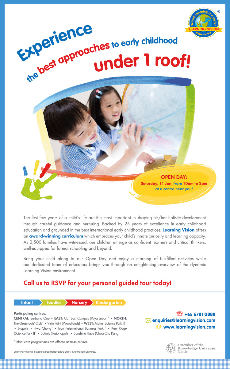 Experience the best approach to early childhood under 1 roof! Open Day: Saturday 11 Jan from 10am to 2pm at a centre near you! Call us to RSVP for your personal guided tour today! E: enquiries@learningvision.com, W: www.learningvision.com