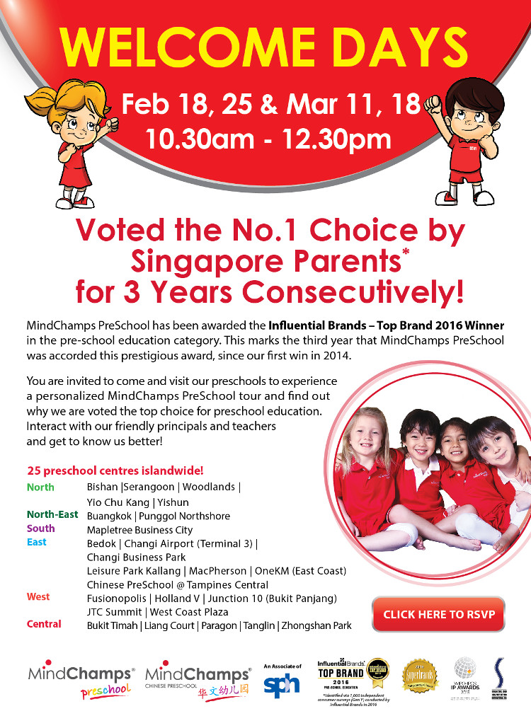 MindChamps PreSchool Welcome Days 2017. Voted the No. 1 choice by Singapore parents for 3 years consecutively. You are invited to come and visit our preschools to experience a personalised MindChamps PreSchool tour and find out why we are voted the top choice for preschool education. Interact with our friendly principals and teachers and get to know us better!