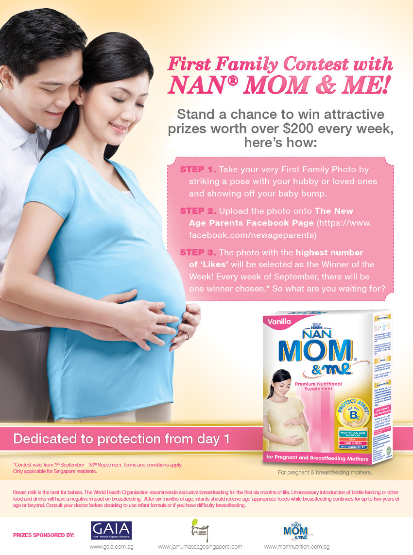 First Family Contest with NAN MOM & Me! Stand a chance to win attractive prizes worth over $200 every week. Simply take a photo with your hubby or loved ones and showing off your baby bump then upload to The New Age Parents fans page.
