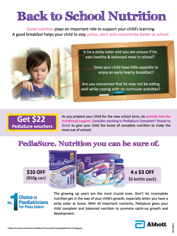 As you prepare your chld for the new school term, do provide him the nutritional support. Consider packing in PediaSure Complete Ready to Drink to give your child the boost of complete nutrition to make the most out of school! Get $22 PediaSure vouchers. PediaSure. Nutrition you can be sure of.